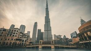 Burj Khalifa tower view from the Dubai Mall area  in Dubai UAE