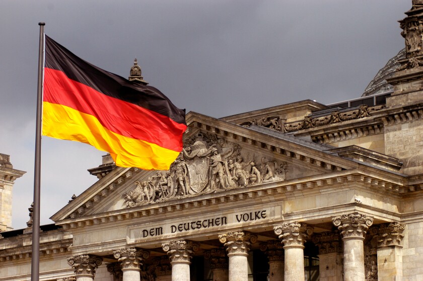german flag in front of the Reichstag, 'dem deutschen Volke', Germany, Berlin