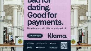 A large sized clever advertisement for Klarna Bank, Swedish fintech company that provides online financial services. Inside the Danbury Fair Mall.