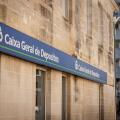 Picture of a sign with the logo of Caixa Geral de Depositos taken on their agency in the city center of Bordeaux, France. Caixa Geral de Depositos (CG