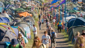 Camping area at the Glastonbury Festival, Somerset, England, UK.