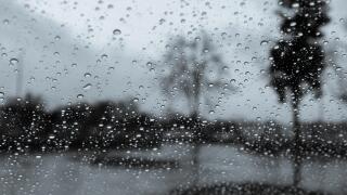 Dark and rainy day; raindrops on the windshield; tree shapes visible in the background; black and white