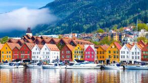 Historic hanseatic buildings in Bryggen by Vagen Bay, Bergen, Norway