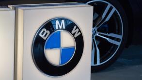 A luxury BMW sports car exhibited at the Brussels Zaventem Airport in Belgium.