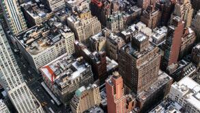 Aerial view of Midtown Manhattan office buildings and skyscrapers in New York City, United States of America