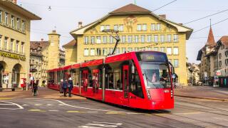 BERN, SWITZERLAND - FEBRUARY 15: Siemens Combino tram on Casinoplatz in Bern on February 15, 2015. There are 36 trams of this class in Bern
