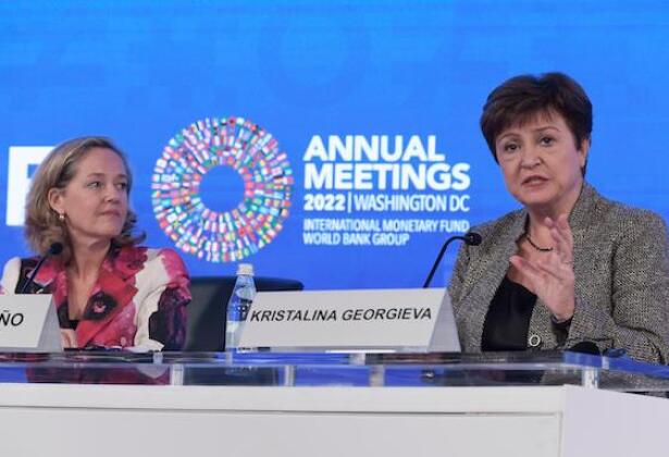 October 14, 2022, Washington, Distric of Columbia, USA: International Monetary and Financial Committee(IMFC) Chair NADIA CALVIA?O and IMF Manager Director KRISTALINA GEORGIEVA speak during a press briefing today on October 14, 2022 at HQ1/IMF in Washingto