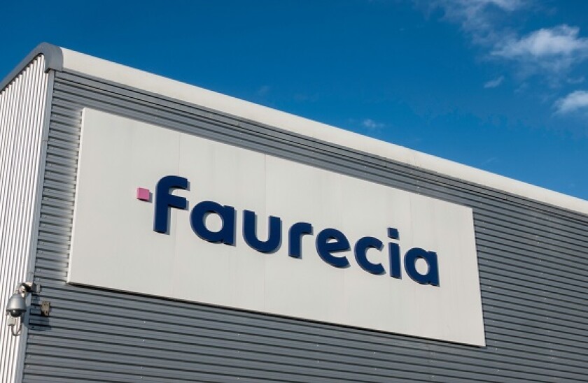 Faurecia sign, or logo, on its Washington Auto Component Plant, north east England, UK
