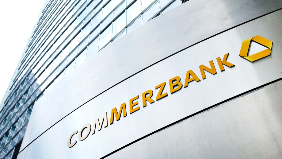 Logo on the headquarters of Commerzbank AG in the Commerzbank Tower, Frankfurt am Main, Hesse, Germany, Europe