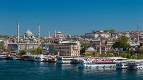 City skyline with Yeni Cami or New Mosque and Hagia Sophia, Istanbul, Turkey