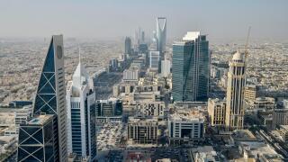 View from Al Faisaliah Tower over the skyline with the Kingdom Center, Riyadh, Saudi Arabia