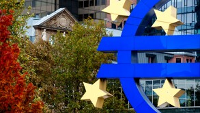 Euro symbol in front of the ECB, European Central Bank, Willy-Brandt-Platz square in Frankfurt am Main, Germany