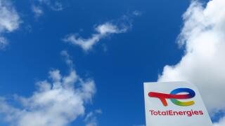 The logo of French oil and gas company TotalEnergies is seen at a petrol station in Ressons, France, August 6, 2021. REUTERS/Pascal Rossignol