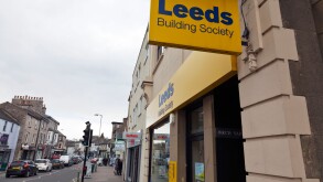 Leeds building society shop front facade sign Kendal Cumbria, UK, England