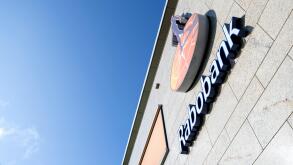 Rabobank sign at branch. Rabobank is the second-largest bank in the Netherlands in terms of total assets.