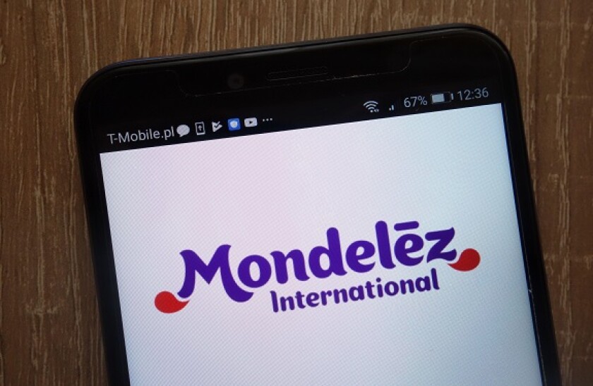 Mondelez International logo displayed on a modern smartphone