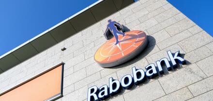 Rabobank sign at branch. Rabobank is the second-largest bank in the Netherlands in terms of total assets.