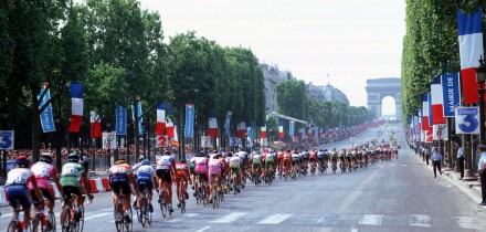 Riders at the Tour De France on the final stage on Champs Elysees in Paris France