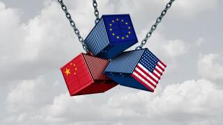 China Europe United States trade war business metaphor and Chinese European and American tariff dispute as an economic problem.