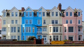 Aldeburgh seafront colour washed properties overlooking the sea many converted into guest houses and holiday accommodation