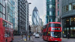 Bishopsgate road with the Gherkin skyscraper in the background, London England United Kingdom UK