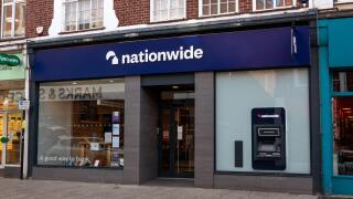 Nationwide bank branch in Bishops Stortford, Hertfordshire. Features the bank's signage and an ATM.