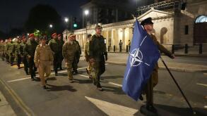 Members of the Nato forces during a procession rehearsal in preparation for the VE Day 80th Anniversary on May 5, in central London.