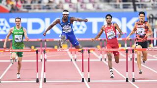 Rai Banjamin (USA), Abderrahman Samba (QAT) Takatoshi Abe (JPN) Thomas Barr (IRE) . 400 metres hurdles. World Athletics Championships, Doha 2019