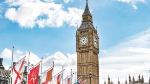 Flags with Big Ben, London, England, Great Britain