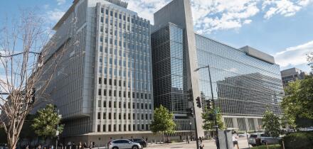 World Bank Headquarters Building, Washington, DC.  Bank's two stated goals are to end extreme poverty, and promote shared prosperity in a sustainable
