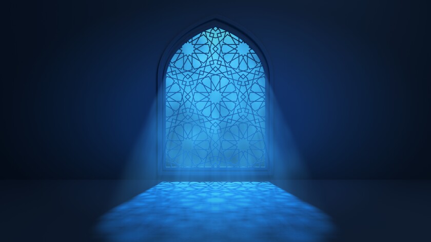Moon light shine through the window into islamic mosque interior. Ramadan Kareem islamic background. 3d render illustration