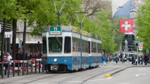 Zurich streetcar (Tram) on Zurich's Bahnhofstrasse luxury commercial strip