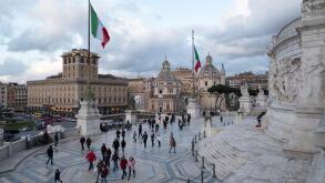 View of the Piazza Venezia from the Altare della Patria - the Monumento Nazionale a Vittorio Emanuele II, Statue, Flag and Monument, Rome, Italy