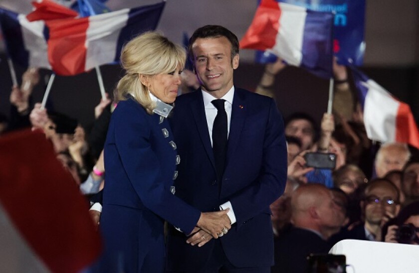 Paris, France. 24th Apr, 2022. Re-elected French President Emmanuel Macron celebrates on stage on April 24, 2022 during his victory rally at the foot of the Eiffel Tower in Paris, France. Photo by Thibaud Moritz/ ABACAPRESS.COM Credit: Abaca Press/Alamy L