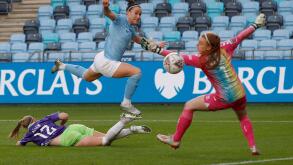 MANCHESTER, ENGLAND. NOVEMBER 7TH Citys Lucy Bronze shoots and scores to make it 4-1 during the Barclays FA Women's Super League match between Manchester City and Bristol City at the Academy Stadium, Manchester on Saturday 7th November 2020. (Credit: Chri
