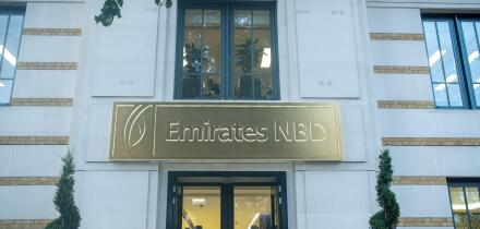 London- December 2022: Emirates NBD bank in Knightsbridge. A large multinational banking group based in the United Arab Emirates