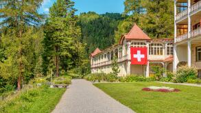 Garden of the Mountain Hotel Schatzalp Davos in summer, Graubunden, Switzerland