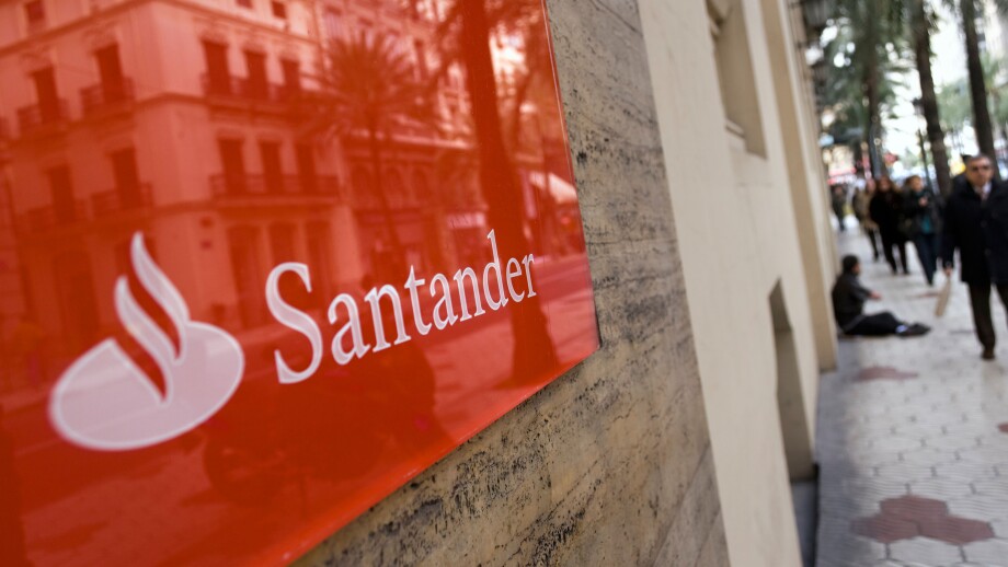 Sign on entrance of Spanish bank Santander in Valencia city. Spain