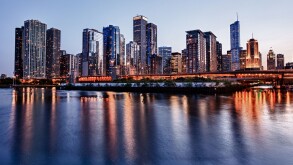 Chicago skyline - from the Navy Pier at sunset, Chicago, IL, USA