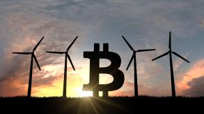 Bitcoin cryptocurrency logo silhouette with sustainable wind turbines. 3D Rendering