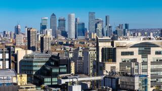 View of Canary Wharf skyscrapers from The Garden at 120 at the Fen Court building with Stanza London in background, City of London, England