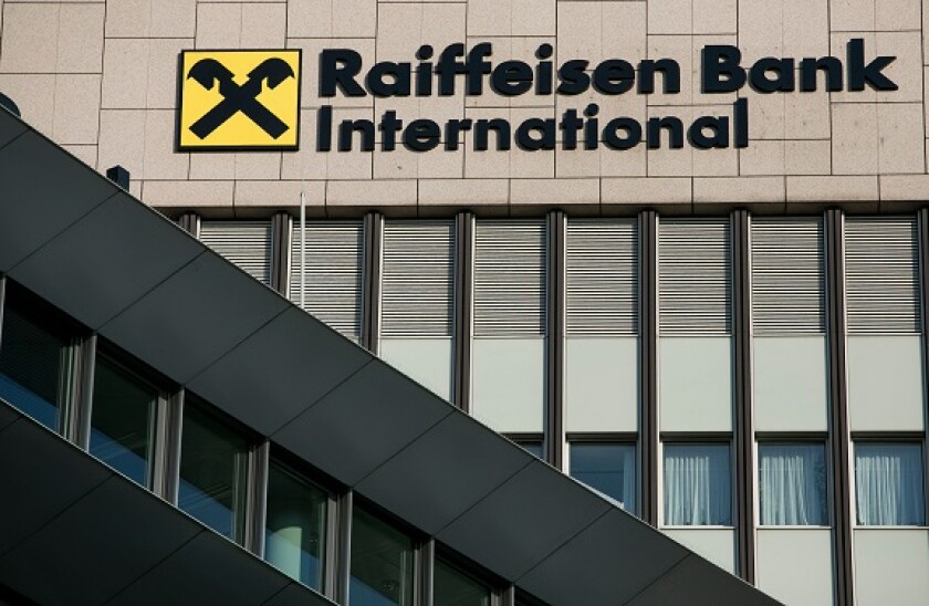 A logo sign outside of the headquarters of Raiffeisen Bank International (RBI) in Vienna, Austria, on September 5, 2018.