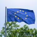An European Union (EU) flag waving with a tree in the background.