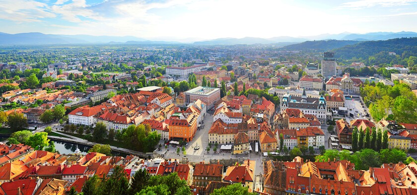 Panoramic aerial view of Ljubljana city . Slovenia