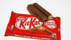 KitKat bars of chocolate, UK confection wafer bar, candy bar, edible food snack