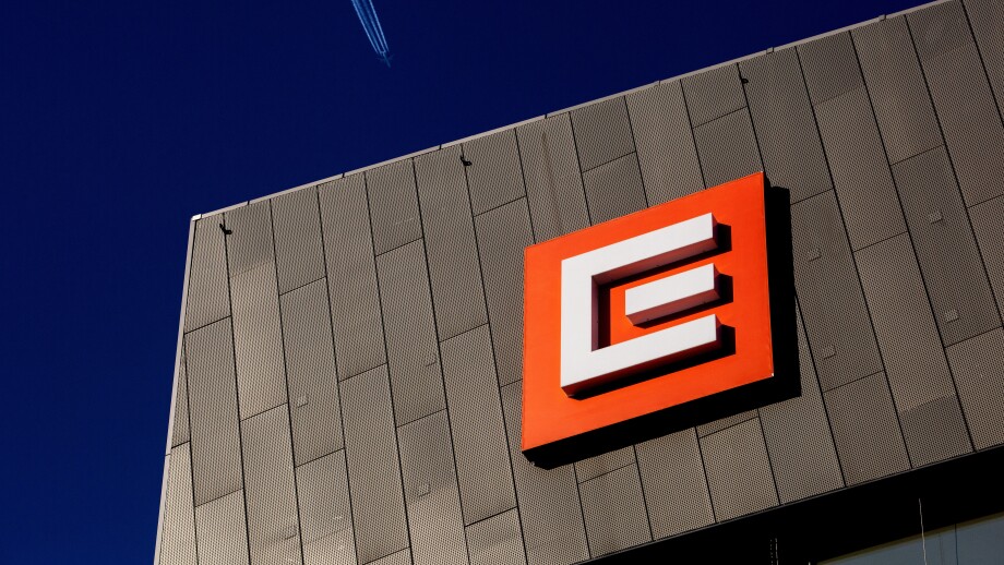 Headquarters company CEZ, Czech energy distributor, CEZ sign on the building, Duhova street, Prague Czech Republic