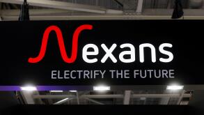 A logo of Nexans is seen at its booth, at the Rexel Expo, at Porte de Versailles exhibition center in Paris, France June 20, 2022. REUTERS/Benoit Tessier