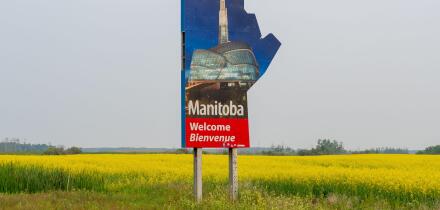Manitoba welcome sign is seen in Manitoba, Canada