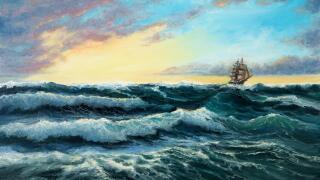 Original oil painting showing  ship   in  stormy ocean or sea on canvas. Modern Impressionism, modernism,marinism