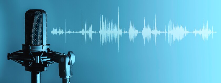 Microphone with waveform on blue background, broadcasting or pod